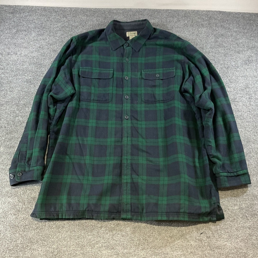 LL Bean Mens XL Tall Fleece Lined Flannel Shirt Jacket Green Blue Plaid 252743